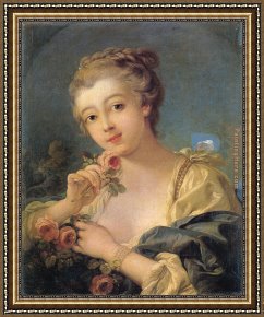 Women Framed Paintings - Young Woman with a Bouquet of Roses by Francois Boucher