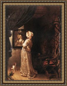 Old Woman at The Mirror Framed Paintings - Woman before the mirror - detail by Frans van Mieris