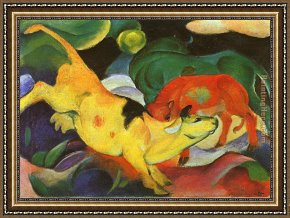 Calla-green Framed Paintings - Cows Yellow Red Green by Franz Marc