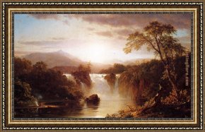 Landscape Framed Paintings - Landscape with Waterfall by Frederic Edwin Church