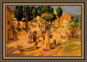 Town Square Framed Paintings - Arab Women at the Town Wall by Frederick Arthur Bridgman