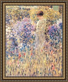 The Lady of Shalott Framed Paintings - Lady in a Garden by Frederick Carl Frieseke