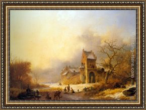 Landscape with Figure Framed Paintings - Figures on a frozen river in a winter landscape by Frederik Marianus Kruseman