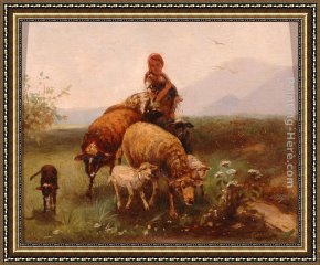 A Shepherdess with Her Flock Framed Paintings - Shepherdess by Friedrich Otto Gebler