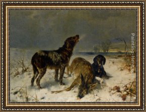 A Dog And Her Puppies Framed Paintings - Two Hunting Dogs with Their Catch by Friedrich Otto Gebler