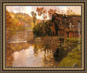 Cottage Stream Framed Paintings - Cottage By A Stream by Fritz Thaulow