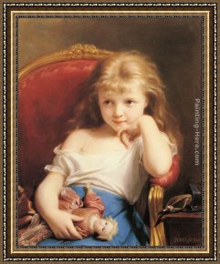 Young Girl Defending Herself Against Cupid Framed Paintings - Young Girl Holding a Doll by Fritz Zuber-Buhler