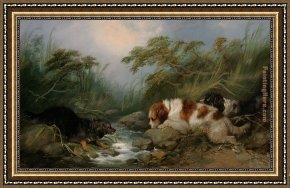 A Dog And Her Puppies Framed Paintings - Three Dogs by a Brook by George Armfield