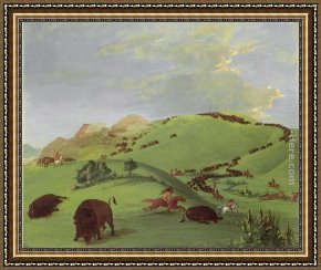 The Buffalo Trail Framed Paintings - Buffalo Chase, Mouth of the Yellowstone by George Catlin