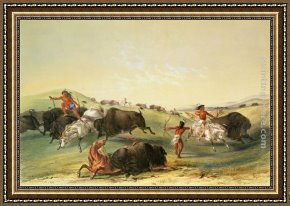 American Hearts II Framed Paintings - Buffalo Hunt,Plate 7 from Catlin's North American Indian Collection by George Catlin