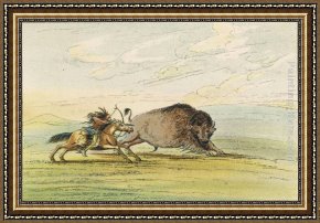 American Hearts II Framed Paintings - Native American Sioux Hunting Buffalo on Horseback II by George Catlin