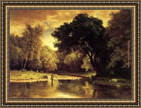 George Inness Framed Paintings - Fisherman in a Stream by George Inness