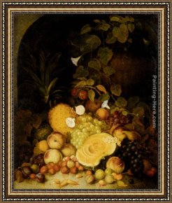 Tropical Framed Paintings - Still Life With Peaches, Plums, Strawberries And Tropical Fruits In An Architectural Miche by George Lance