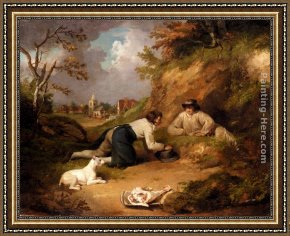 A Dog And Her Puppies Framed Paintings - Two Men Hunting Rabbits With Their Dog, A Village Beyond by George Morland