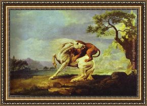 El Bano Del Caballo [the Horse's Bath] Framed Paintings - Horse Attacked by a Lion by George Stubbs