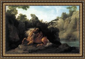 El Bano Del Caballo [the Horse's Bath] Framed Paintings - Lion Devouring a Horse by George Stubbs