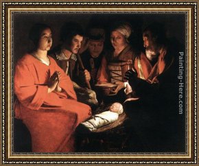 Georges De La Tour Framed Paintings - Adoration of the Shepherds by Georges de La Tour