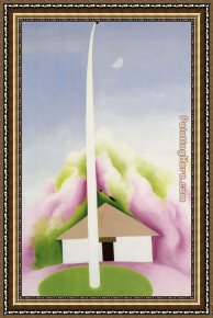 Houses in France Framed Paintings - Flagpole And White House by Georgia O'Keeffe