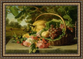 Geraldine Framed Paintings - A still life with flowers grapes and a melon by Geraldine Jacoba Van De Sande Bakhuyzen
