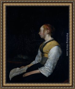 The Painter's Honeymoon Framed Paintings - Girl in Peasant Costume. Probably Gesina, the Painter's Half-Sister by Gerard ter Borch