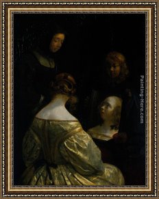 Old Woman at The Mirror Framed Paintings - Woman at a Mirror by Gerard ter Borch
