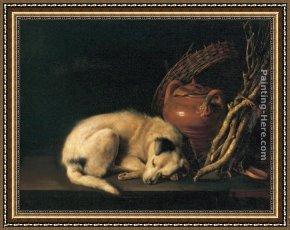 A Dog And Her Puppies Framed Paintings - Sleeping Dog with Terracotta Jug, Basket and Kindling Wood by Gerrit Dou