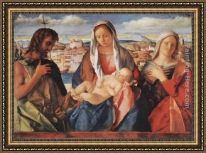 The Vision of Saint John Framed Paintings - Madonna and Child with St. John the Baptist and a Saint by Giovanni Bellini