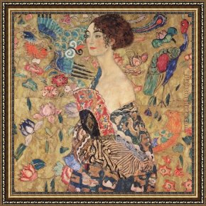 The Lady of Shalott Framed Paintings - lady with fan by Gustav Klimt
