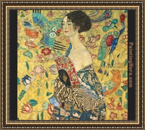 The Lady of Shalott Framed Paintings - lady with fan I by Gustav Klimt