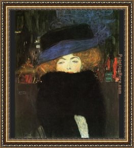 The Lady of Shalott Framed Paintings - lady with hat and feather boa by Gustav Klimt