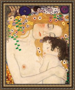Women Framed Paintings - Mother and Child detail from The Three Ages of Woman by Gustav Klimt