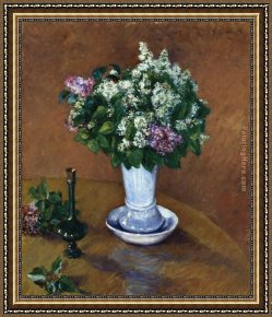 Lilac Framed Paintings - Still Life with a Vase of Lilacs by Gustave Caillebotte