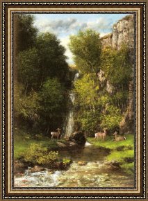 Gustave Courbet Framed Paintings - A Family of Deer in a Landscape with a Waterfall by Gustave Courbet
