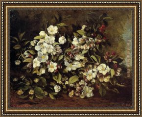 Gustave Courbet Framed Paintings - Flowering Apple Tree Branch by Gustave Courbet