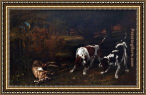 Gustave Courbet Framed Paintings - Hunting Dogs by Gustave Courbet