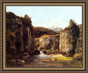 Gustave Courbet Framed Paintings - Landscape The Source among the Rocks of the Doubs by Gustave Courbet