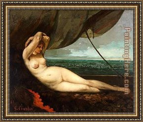 Gustave Courbet Framed Paintings - Nude reclining by the sea by Gustave Courbet