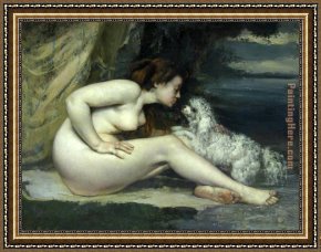 Gustave Courbet Framed Paintings - Nude woman with a dog by Gustave Courbet