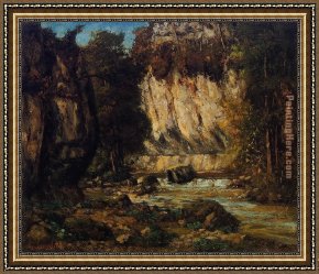Cliffs Framed Paintings - River and Cliff by Gustave Courbet