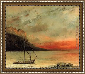 24 Hours at Lemans Framed Paintings - Sunset on Lake Leman by Gustave Courbet