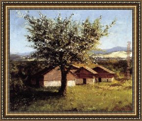 Gustave Courbet Framed Paintings - Swiss Landscape with Flowering Apple Tree by Gustave Courbet