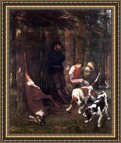 Gustave Courbet Framed Paintings - The booty hunting with dogs by Gustave Courbet