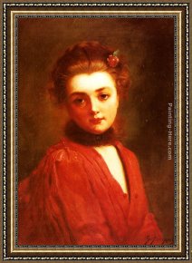 Girl with Red Hair Framed Paintings - Portrait of a Girl in a Red Dress by Gustave Jean Jacquet
