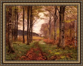 Woodland Walk Framed Paintings - A Woodland Landscape by Hans Anderson Brendekilde
