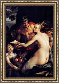 Cupid Framed Paintings - Bacchus, Ceres and Cupid by Hans von Aachen