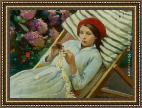 Girl with Red Hair Framed Paintings - Girl with a Red Hat by Harold Harvey