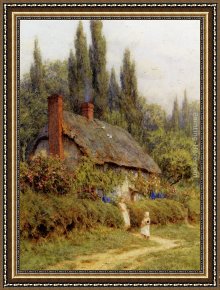 A Surrey Chalkpit Framed Paintings - Children On A Path Outside A Thatched Cottage, West Horsley, Surrey by Helen Mary Elizabeth Allingham