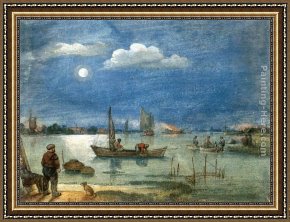 Hendrick Framed Paintings - Fishermen by Moonlight by Hendrick Avercamp