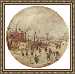 Hendrick Framed Paintings - Winter Landscape with Skaters by Hendrick Avercamp