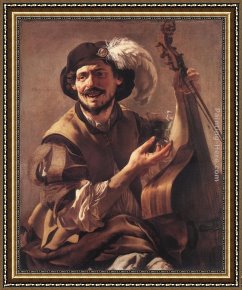 Hendrick Framed Paintings - A Laughing Bravo with a Bass Viol and a Glass by Hendrick Terbrugghen